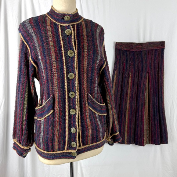 2 pc Cardigan Skirt Suit S by Knightsbridge Red Blue Knit Wool Blend Career EUC - Picture 1 of 13